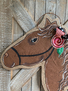 brown whimsy horse head door hanger with painted rose detail