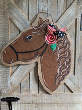 Load image into Gallery viewer, brown whimsy horse head door hanger with painted rose detail