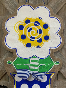 blue white and yellow burlap flower door hanger in blue and white polka dot flowerpo