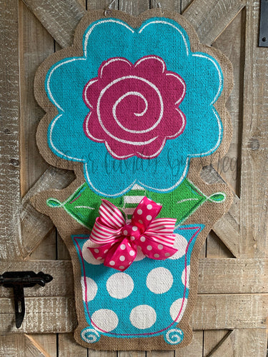 pink and turquoise whimsical burlap flower door hanger