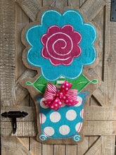 Load image into Gallery viewer, pink and turquoise whimsical burlap flower door hanger