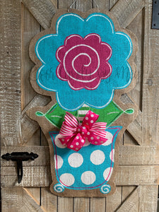 pink and turquoise whimsical burlap flower door hanger