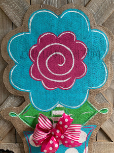 pink and turquoise whimsical burlap flower door hanger