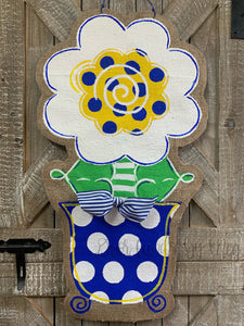 blue white and yellow burlap flower door hanger in blue and white polka dot flowerpot