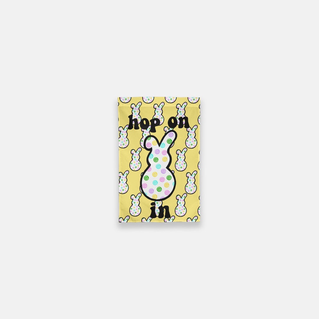 Hop On In Yellow Easter Bunny Garden Flag - 12