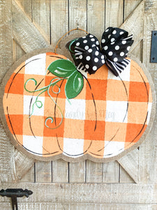 Burlap Pumpkin Door Hanger -  Buffalo Check Pumpkin in Orange