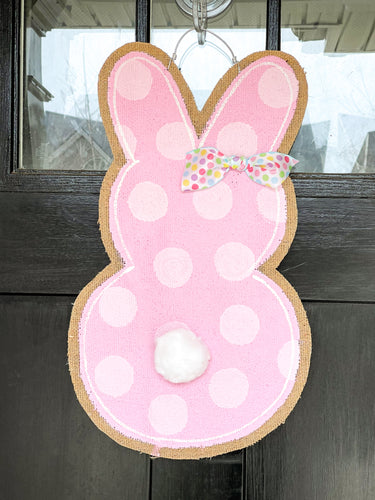 Easter Bunny Burlap Door Hanger - pink PEEPS style with bunny tail