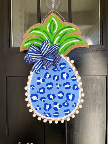 Burlap Pineapple Door Hanger Chinoiserie Blue Leopard