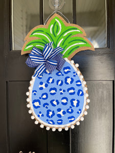 Burlap Pineapple Door Hanger Chinoiserie Blue Leopard