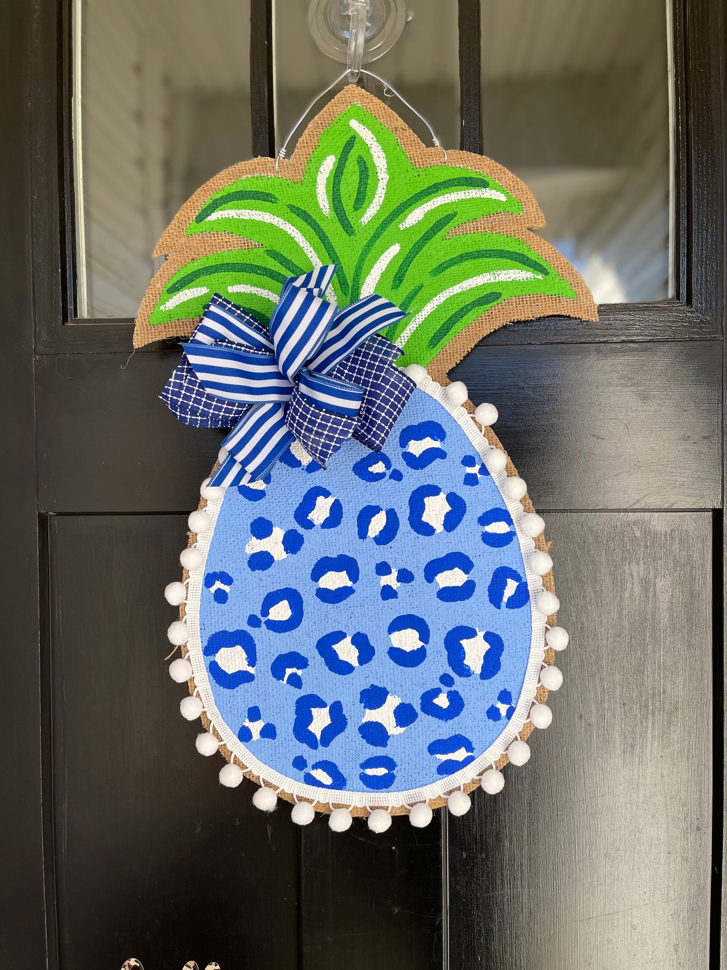 Burlap Pineapple Door Hanger Chinoiserie Blue Leopard