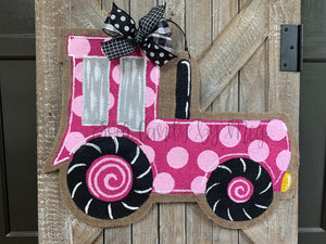 Pink Tractor Burlap Door Hanger - Farm Door Hanger