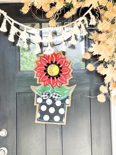 Burlap Sunflower Door Hanger - Small Red Fall in Flowerpot