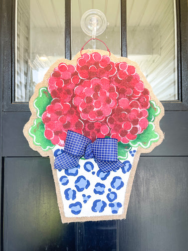 Red Geranium Chinoiserie Burlap Door Hanger