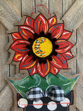 Load image into Gallery viewer, Burlap Sunflower Door Hanger - Small Red Fall in Flowerpot