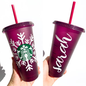 Holiday Glitter Snowflake Reusable Cup - plum with white snowflake