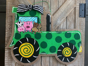 Green Tractor Burlap Door Hanger with Animals