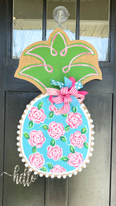 Burlap Pineapple Door Hanger - Lilly First Impressions Inspired Floral (Large/Turquoise & Pink)