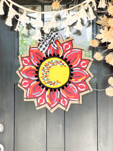 Burlap Sunflower Door Hanger - Red Fall Round Sunflower