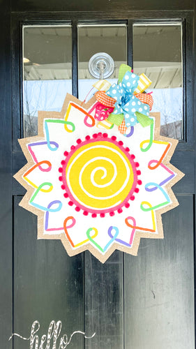 Burlap Flower Door Hanger - White Spring/Summer Round Sunflower