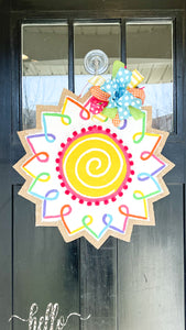Burlap Flower Door Hanger - White Spring/Summer Round Sunflower