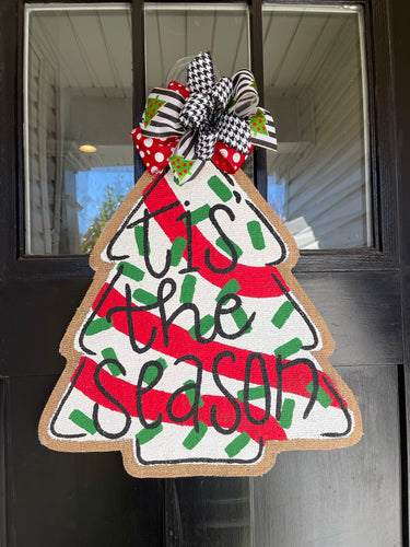 Tis the Season Christmas Cake Burlap Door Hanger