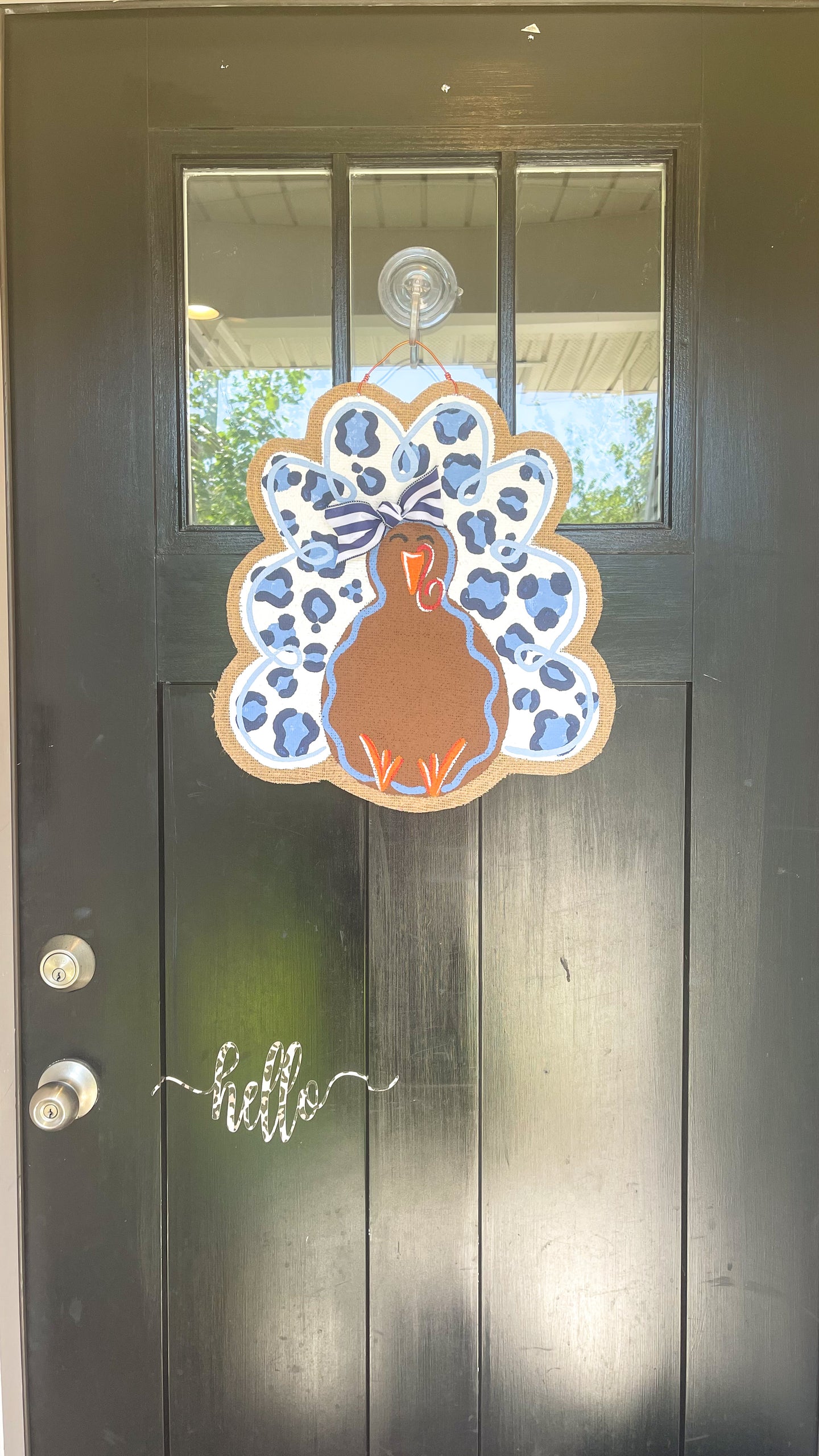 Chinoiserie Thanksgiving Turkey Door Hanger - Blue leopard