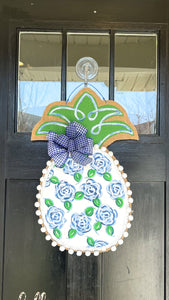 Pineapple Door Hanger - Small Watercolor Roses in Blue Chinoiserie
