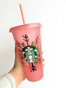 Holiday Glitter Snowflake Reusable Cup - pink with rose gold