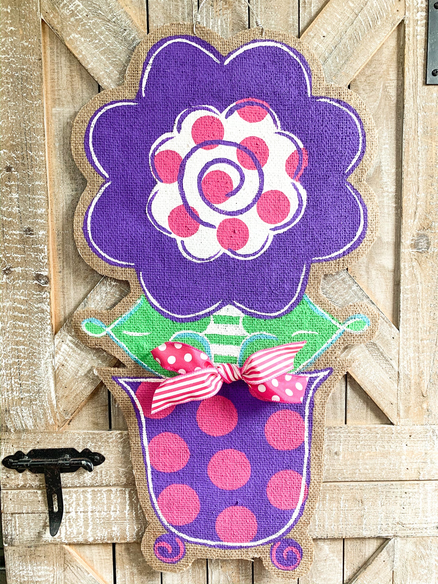 Burlap Flower Door Hanger - Stacey Spring Flower in Purple and Pink