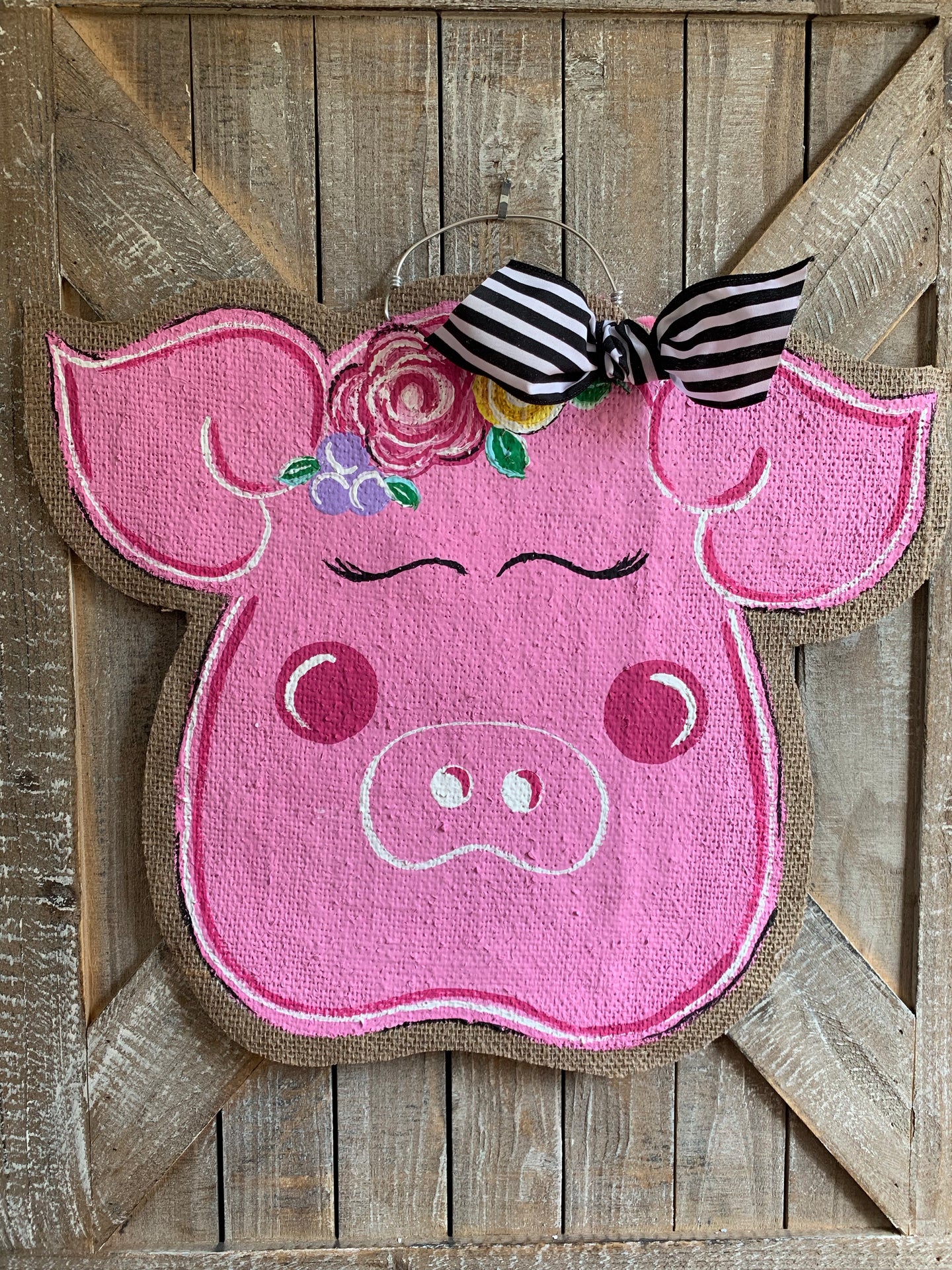 Farm Animal Door Hanger - Pig with Floral Detail