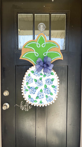 Pineapple Door Hanger - Large Watercolor Roses in Blue Chinoiserie