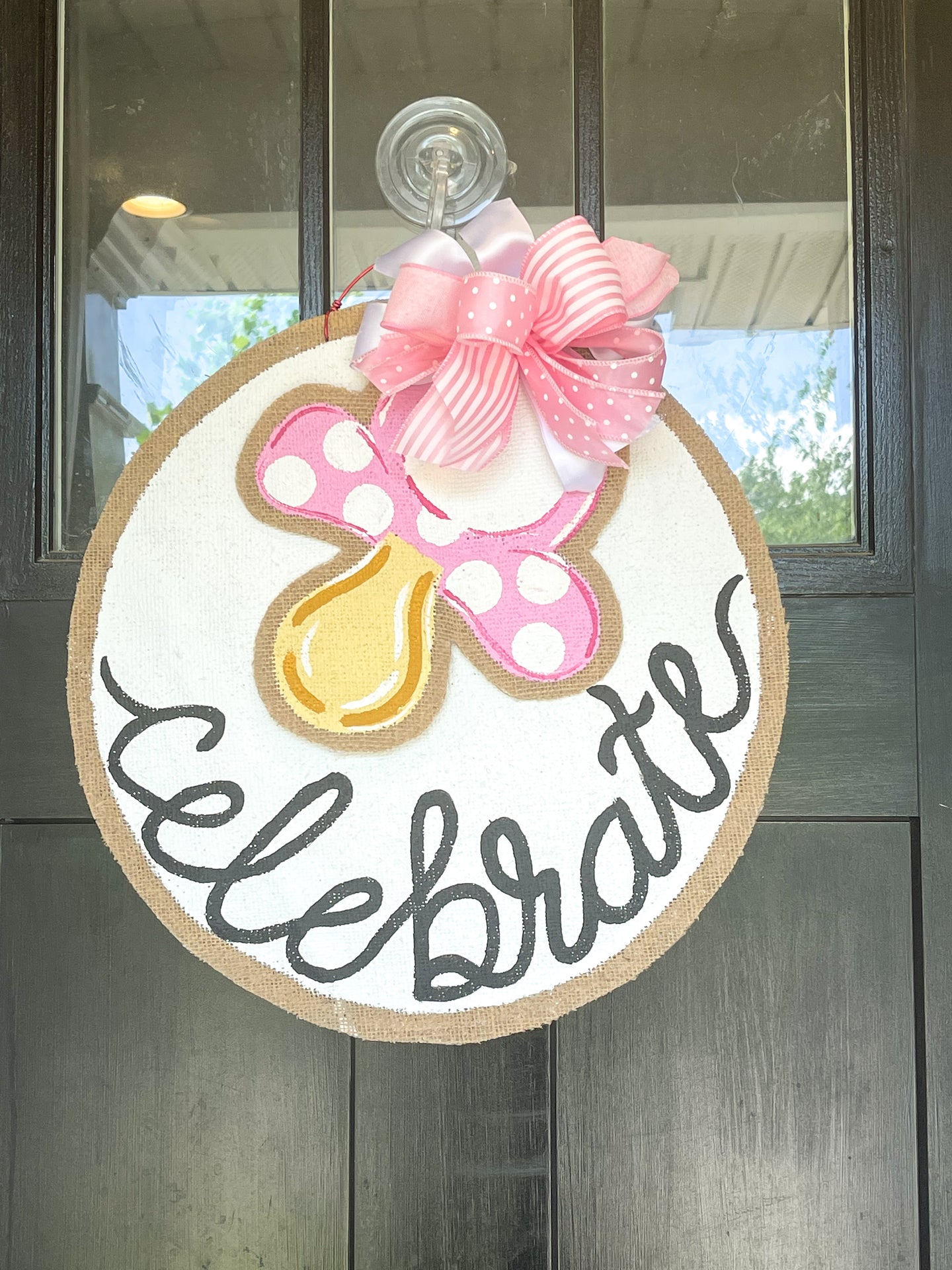 Celebrate Circle Door Hanger with Pink Pacifier Add On