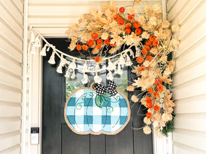 Burlap Pumpkin Door Hanger -  Buffalo Check Pumpkin in Teal
