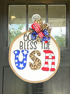 Fourth of July Burlap Door Hanger - USA Leopard Circle