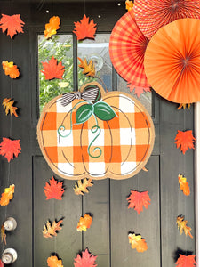 Burlap Pumpkin Door Hanger -  Buffalo Check Pumpkin in Orange