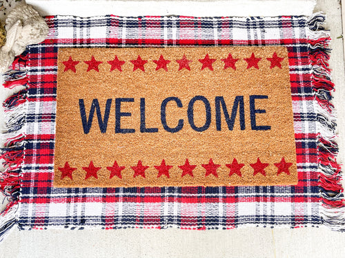 Red, White and Navy Plaid Door Mat Rug