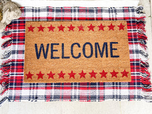 Red, White and Navy Plaid Door Mat Rug