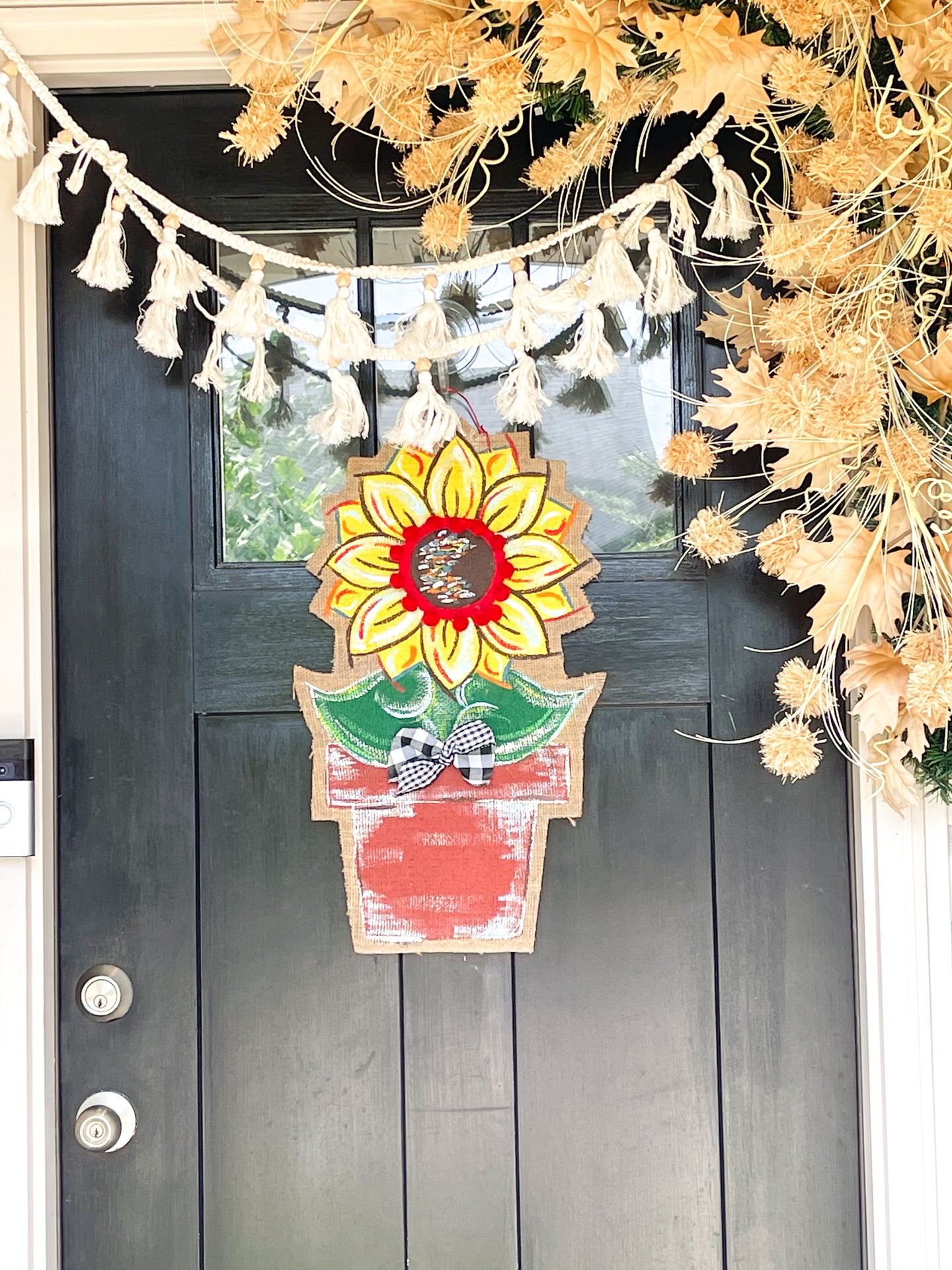 Burlap Sunflower Door Hanger - Small Yellow Fall in Flowerpot