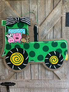 Green Tractor Burlap Door Hanger with Animals