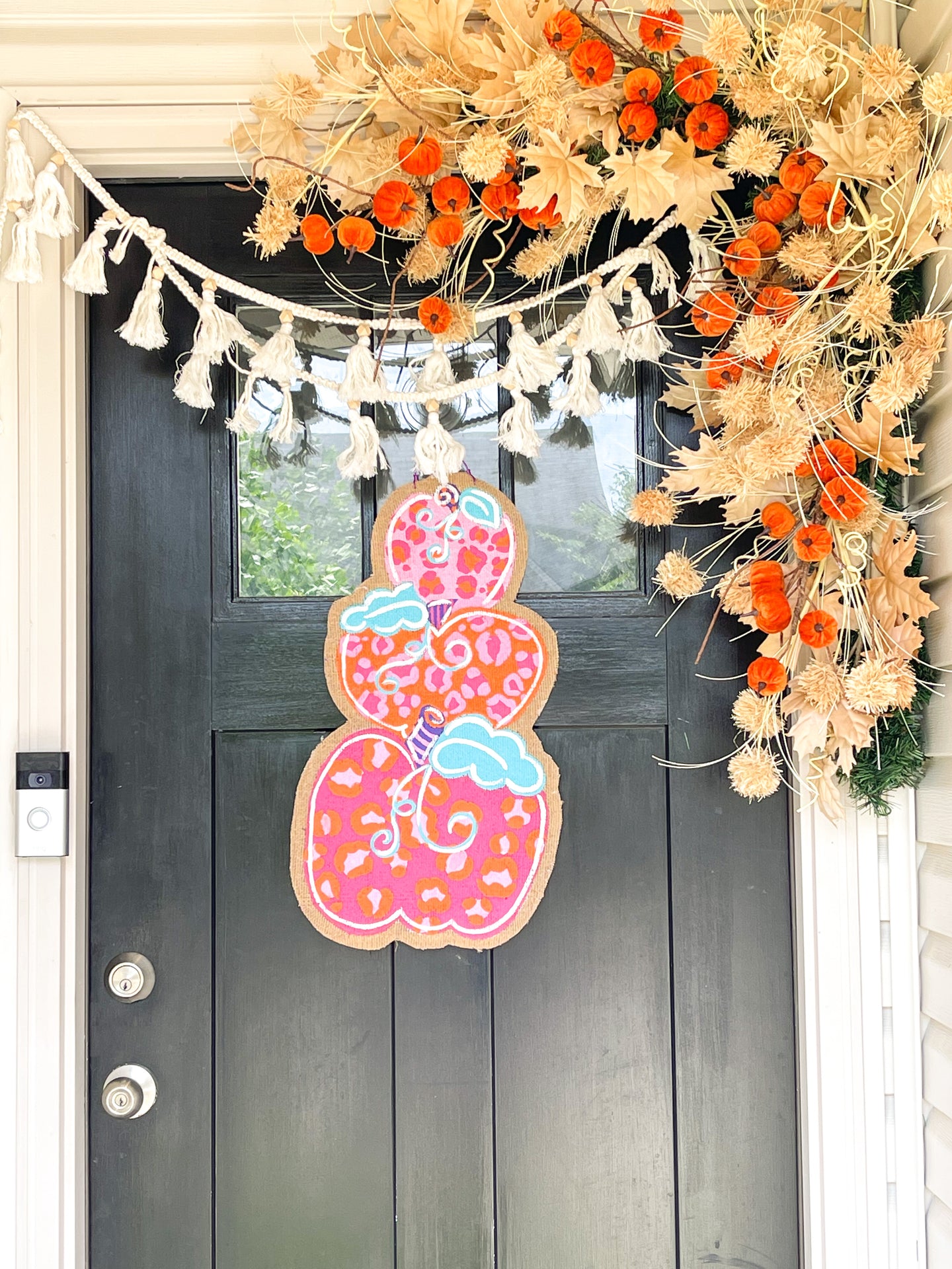 Pumpkin Stack Door Hanger in Pink Leopard