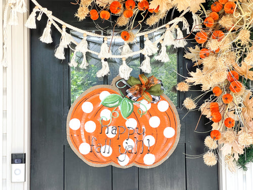 Burlap Pumpkin Door Hanger - Happy Fall Y'all Polka Dots