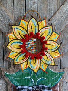 Burlap Sunflower Door Hanger - Small Yellow Fall in Flowerpot