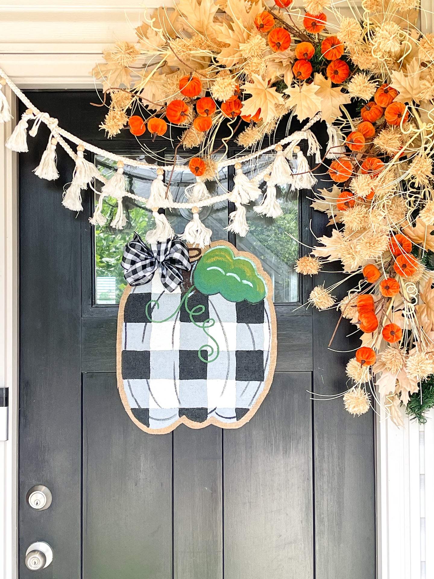 Burlap Pumpkin Door Hanger -  Buffalo Check Pumpkin in Black