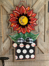 Load image into Gallery viewer, Burlap Sunflower Door Hanger - Small Red Fall in Flowerpot