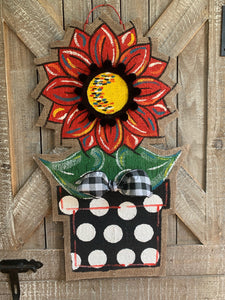 Burlap Sunflower Door Hanger - Small Red Fall in Flowerpot