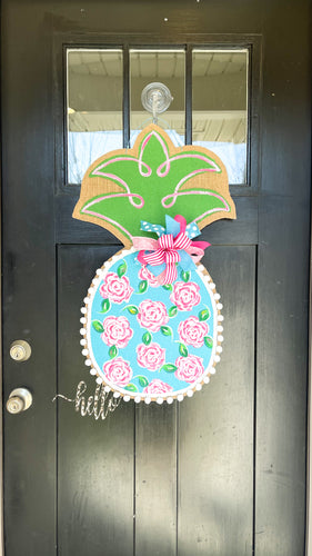 Burlap Pineapple Door Hanger - Lilly First Impressions Inspired Floral (Large/Turquoise & Pink)