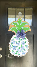 Load image into Gallery viewer, Pineapple Door Hanger - Large Watercolor Roses in Blue Chinoiserie