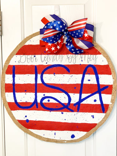 Fourth of July Burlap Door Hanger - USA Splatter Painted Circle
