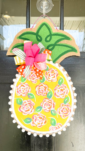 Pineapple Door Hanger - Small Watercolor Roses in Yellow