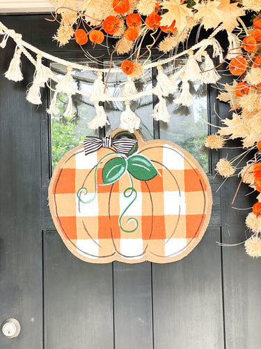 Burlap Pumpkin Door Hanger -  Buffalo Check Pumpkin in Orange